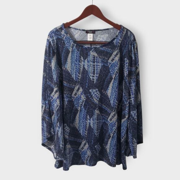 Cocomo Woman 3X Blue Shimmer Abstract Geo Print Flare Sleeve Stretch Blouse Top - Picture 1 of 13